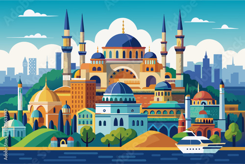 The historic city of Istanbul, Turkey, where East meets West and ancient landmarks such as the Hagia Sophia and Blue Mosque stand side by side