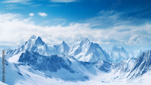 Snowy mountains panorama with blue sky and clouds - 3D illustration