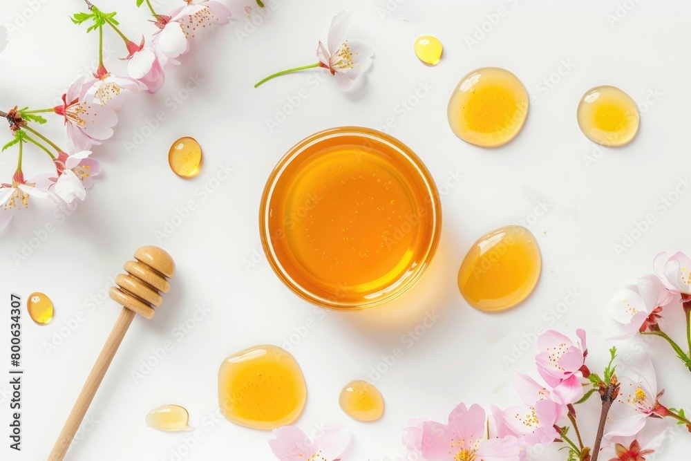 Jar of honey with flowers and wooden spoon. Perfect for food and nature concepts Jar of honey with flowers and wooden spoon. Perfect for food and nature concepts