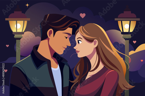 The couples faces illuminated by the soft glow of a streetlamp, their expressions filled with love and tenderness
