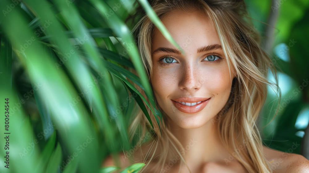 Woman model with striking blue eyes is confidently posing in palm leaves for portrait photograph, exuding self-assurance and elegance. Woman model with striking blue eyes is confidently posing in palm leaves for portrait photograph, exuding self-assurance and elegance.