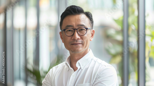 A middle-aged Asian man with gentle features wearing glasses and a crisp white shirt photo