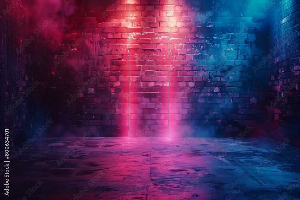 Room with brick wall  with two  modern futuristic neon vertical lines  lights with vibrant glow , nice background