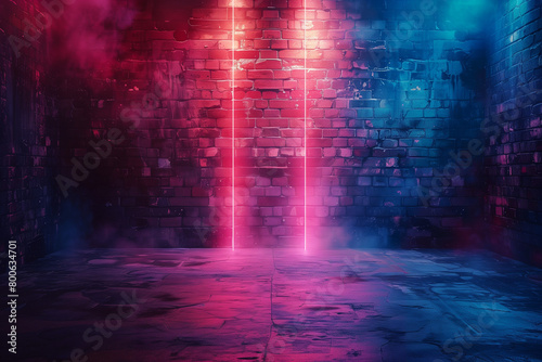 Room with brick wall with two modern futuristic neon vertical lines lights with vibrant glow , nice background