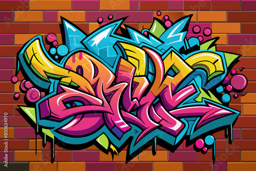 A colorful graffiti tag adorning a brick wall, showcasing the artists unique style and flair