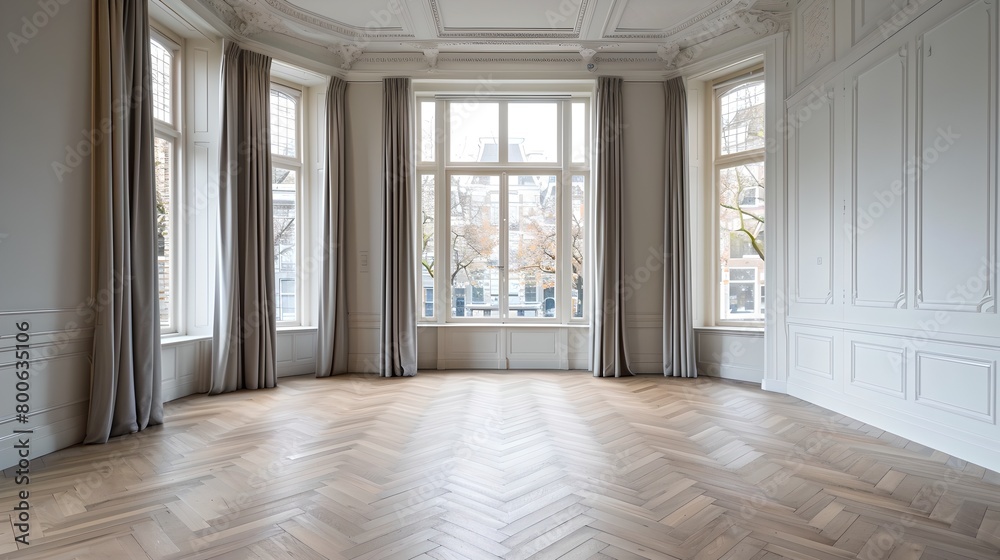 Elegant empty room with large windows and parquet flooring. Bright, airy interior space for design concepts. Modern and classic style blended. Ideal for real estate presentations. AI Elegant empty room with large windows and parquet flooring. Bright, airy interior space for design concepts. Modern and classic style blended. Ideal for real estate presentations. AI