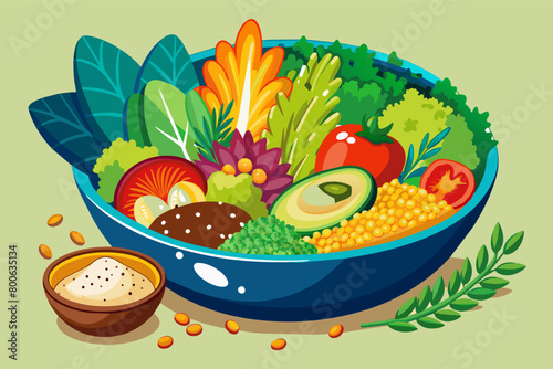 A vibrant Buddha bowl filled with quinoa, roasted vegetables, avocado slices, and a creamy tahini dressing