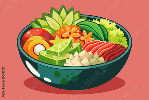 A colorful and flavorful poke bowl filled with marinated raw fish, avocado, seaweed, and rice, a delicious and healthy Hawaiian dish