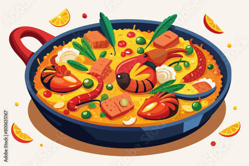 A colorful and aromatic paella dish filled with saffron-infused rice, succulent shrimp, tender chicken, and flavorful chorizo, a Spanish culinary delight
