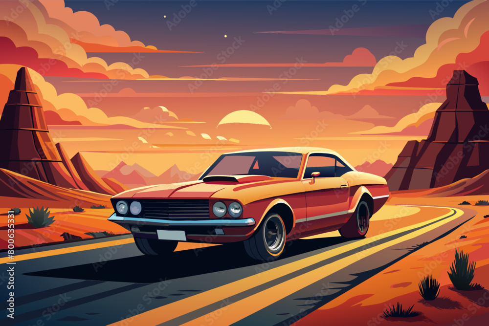 A classic muscle car roaring down a deserted desert highway, with the sun setting behind it and casting a warm glow on its powerful silhouette