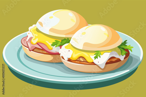 A classic eggs Benedict breakfast featuring poached eggs, Canadian bacon, and hollandaise sauce served on toasted English muffins, a brunch favorite