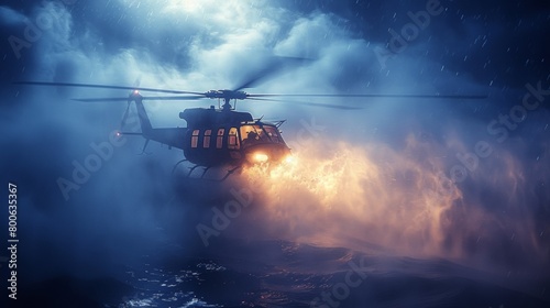 A helicopter flying through the night sky with a fire on board, AI photo