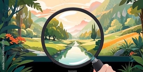 Transport yourself to a place where the beauty of nature meets the precision of technology, with a half landscape and half magnifying glass composition.