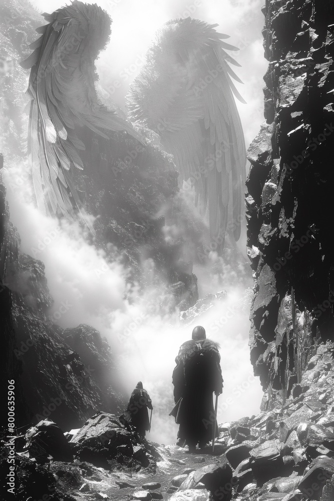 Fototapeta premium A man walking down a mountain path with an angel wing behind him, AI
