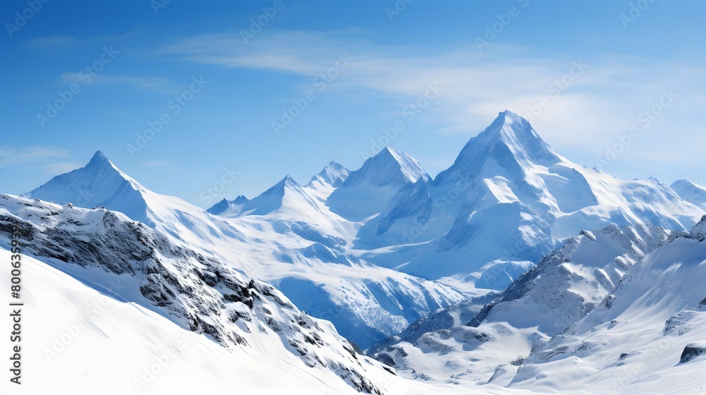 Panoramic view of snowy mountains and blue sky. Caucasus, Russia