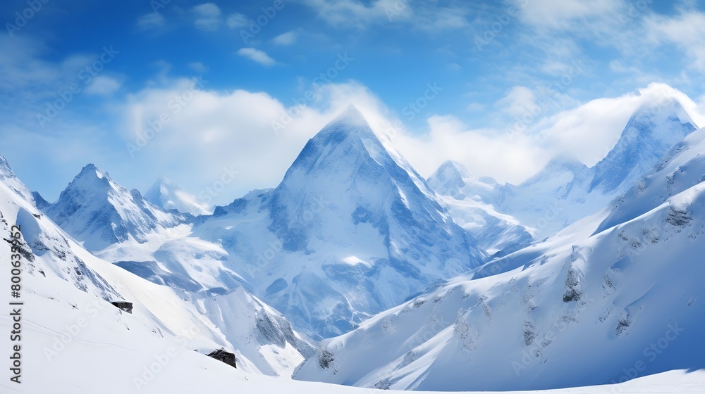 Panoramic view of snow covered mountains and blue sky with clouds