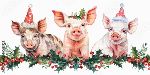 Festive pigs sitting on holly branch  perfect for holiday designs