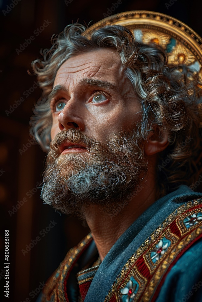 A close up of a man with long hair and beard, AI