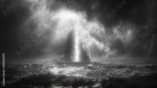A black and white photo of a lighthouse in the ocean, AI