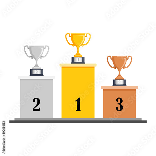 Gold, silver, and bronze trophies for 1st, 2nd, and 3rd place winners. Transparent white background. Vector EPS 10 files provided for customization. Simplified for championship prizes and achievements