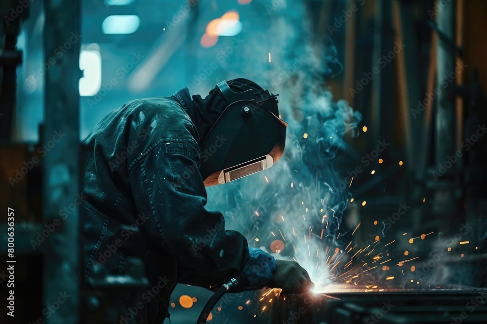 A man in a black jacket welding metal. Suitable for industrial concepts