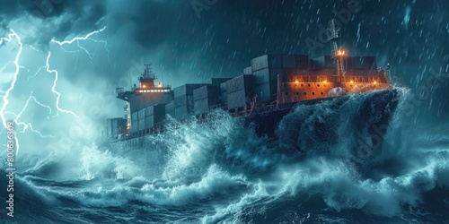 ship persistently navigates through a stormy sea, braving the challenges posed by crashing waves and lightning strikes.