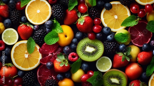 Many fresh fruits mix top down view from above. © May