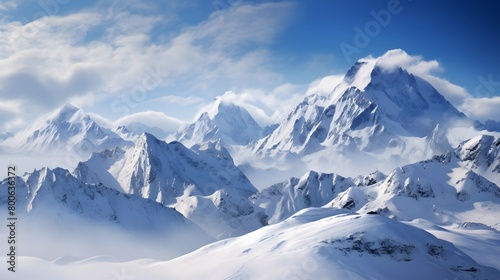 panoramic view of the snowy mountains on a sunny winter day © I
