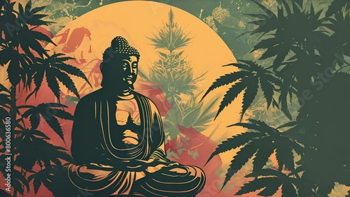 Pushing towards buddha meditating between marijuana plants. Background for Thai based cannabis company logo. photo