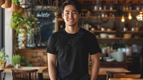 カフェに立つ黒いTシャツを着た男性
