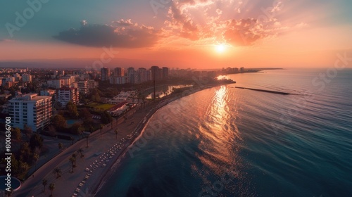 Aerial view of a beach and a city at sunset. Perfect for travel and vacation concepts