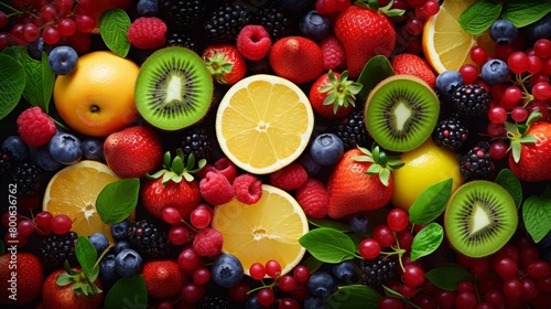 Many fresh fruits mix top down view from above. © May