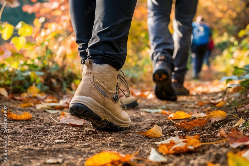 Autumn Trail Adventure hikers Hiking Boots Amidst Rustling Leaves Autumn Trail Adventure hikers Hiking Boots Amidst Rustling Leaves
