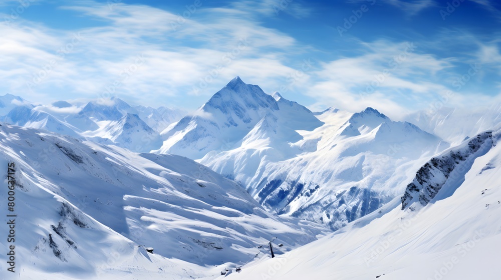 Panoramic view of snow-capped mountains in winter.