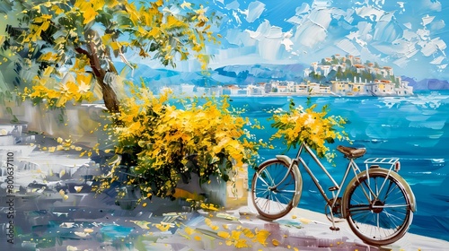 Serene Coastal Landscape with Bicycle, Artistic Impression of Nature and Travel. Vivid Colors, Summer Vibe, Perfect for Decor. AI
