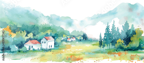 watercolor border clipart landscape with mountains and village
