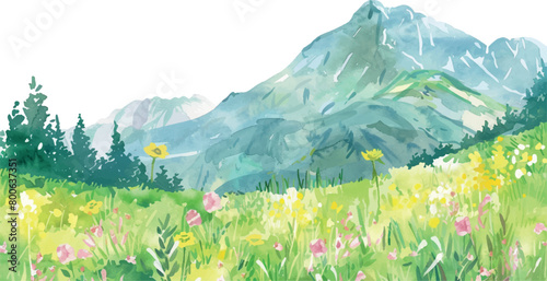 watercolor border clipart landscape with mountains and flowers grass