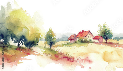 watercolor painting landscape with houses, illustration for design