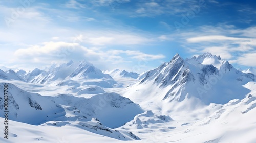Beautiful panoramic view of snowy mountains. Winter landscape.