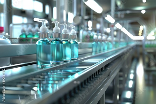 Bottles of liquid on a moving conveyor belt. Perfect for industrial or manufacturing themes