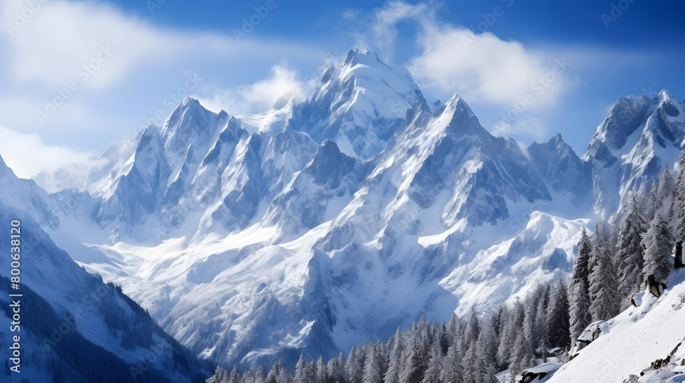 Panoramic view of winter mountains. Caucasus, Dombay.