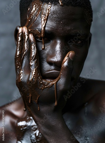 a closeup of an african man with his hand on his face