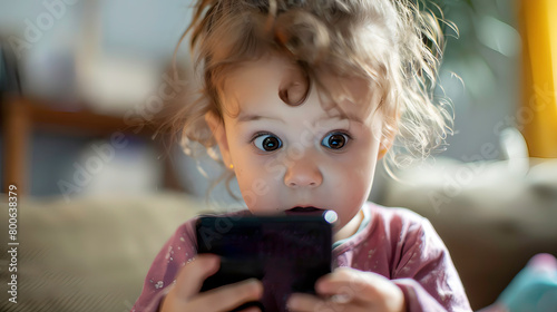 Little caucasian child is looking at smart phone with shoked  expression on her kid face, the baby is surprised with wide open eyes. New generation of kinds in cell phones.  photo