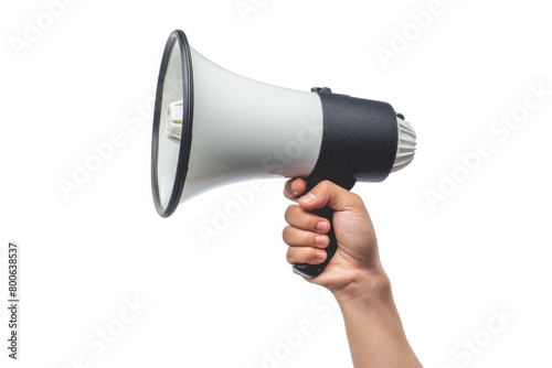 A hand holding a white and black megaphone. Perfect for business or protest concepts