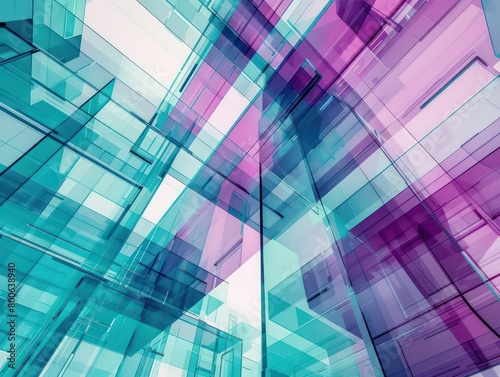 abstract geometrical background with tridimensional iridescent shapes and good perspective and transparency in purple and teal 