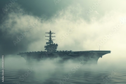 A powerful aircraft carrier sailing in the vast ocean. Suitable for military and transportation concepts