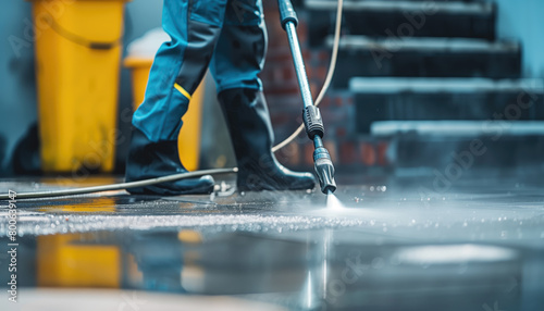 A worker cleans street tiles with a high-pressure water jet