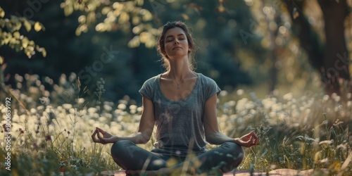 A woman peacefully meditating in a tranquil field. Suitable for wellness and mindfulness concepts