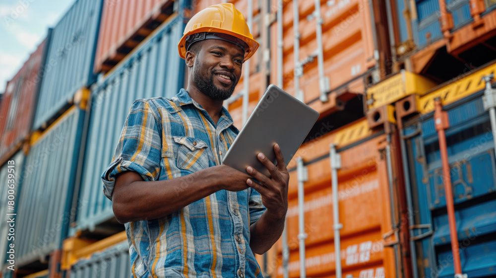 logistics manager in hard hat using tablet to check stock in colorful container terminal. logistics manager in hard hat using tablet to check stock in colorful container terminal.