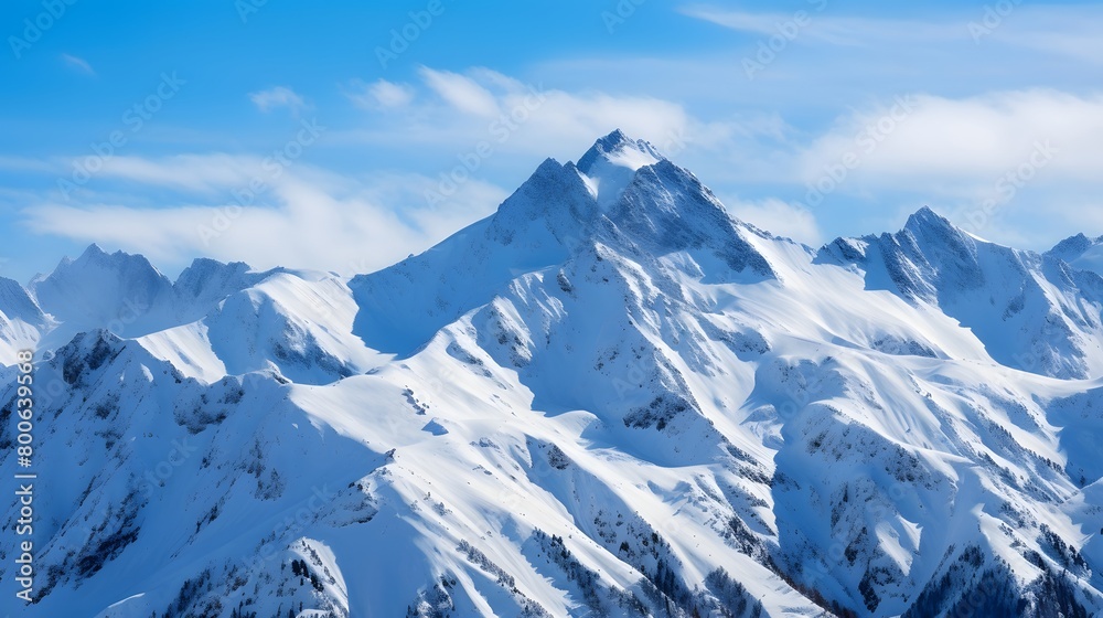 Panoramic view of winter mountains under blue sky with white clouds